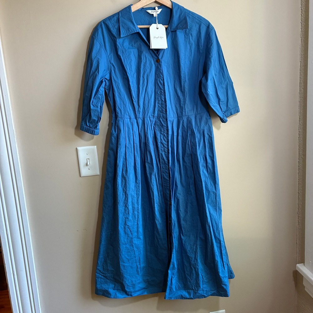 Simple Retro 22515 Pleated Cotton Midi Dress XL Blue Womens Short Sleeve Pocket
